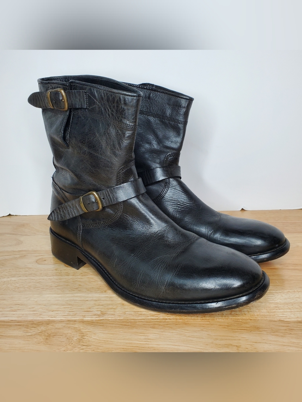 Belstaff Black Leather 2 Buckle Short Moto Biker Boots Engineer Mens EU 45 US 12